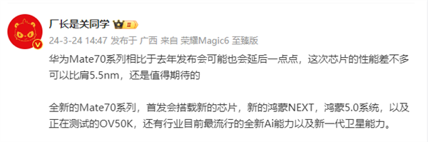 華為Mate 70細節(jié)曝光！芯片性能比肩5.5nm、新鴻蒙5.0系統(tǒng)