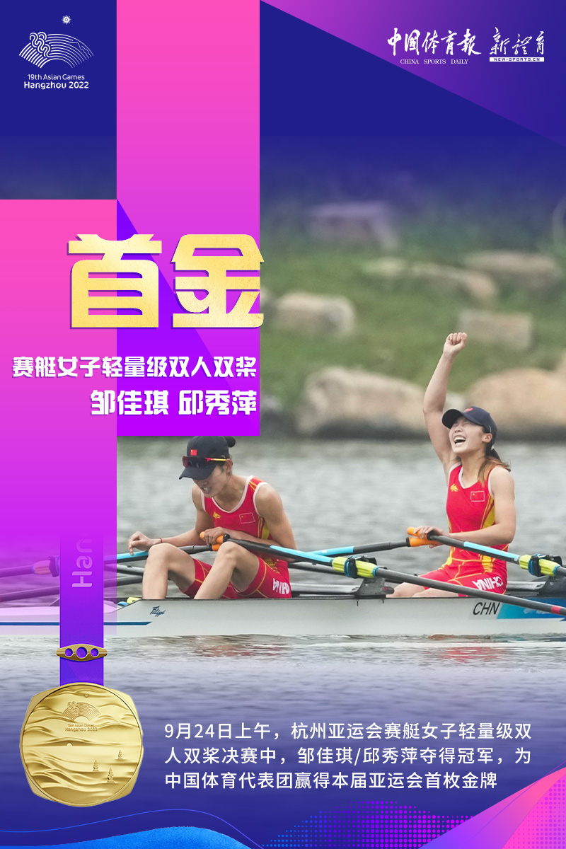 亞運首金來了！中國賽艇女子雙人雙槳組合奪冠
